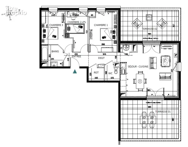 Appartement T4 de 76,46 m2 avec 2 terrasses.
