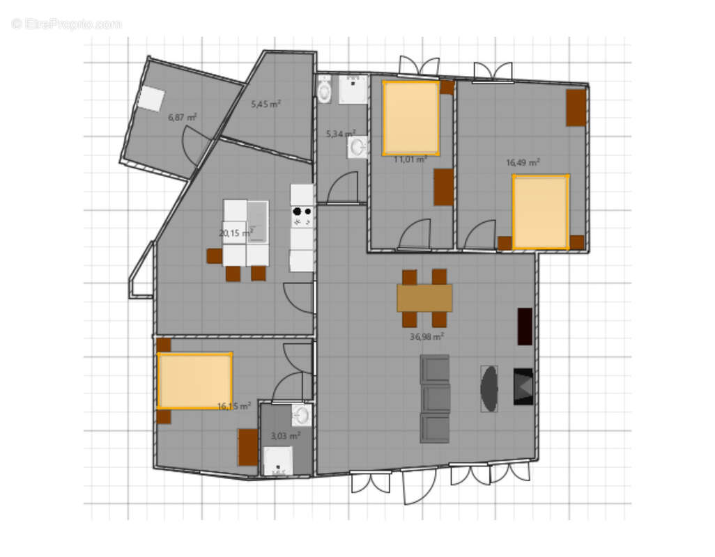 Suggestion de plan en 3D pour réaliser un logement avec 3 chambres. - Commerce à LA ROMAGNE