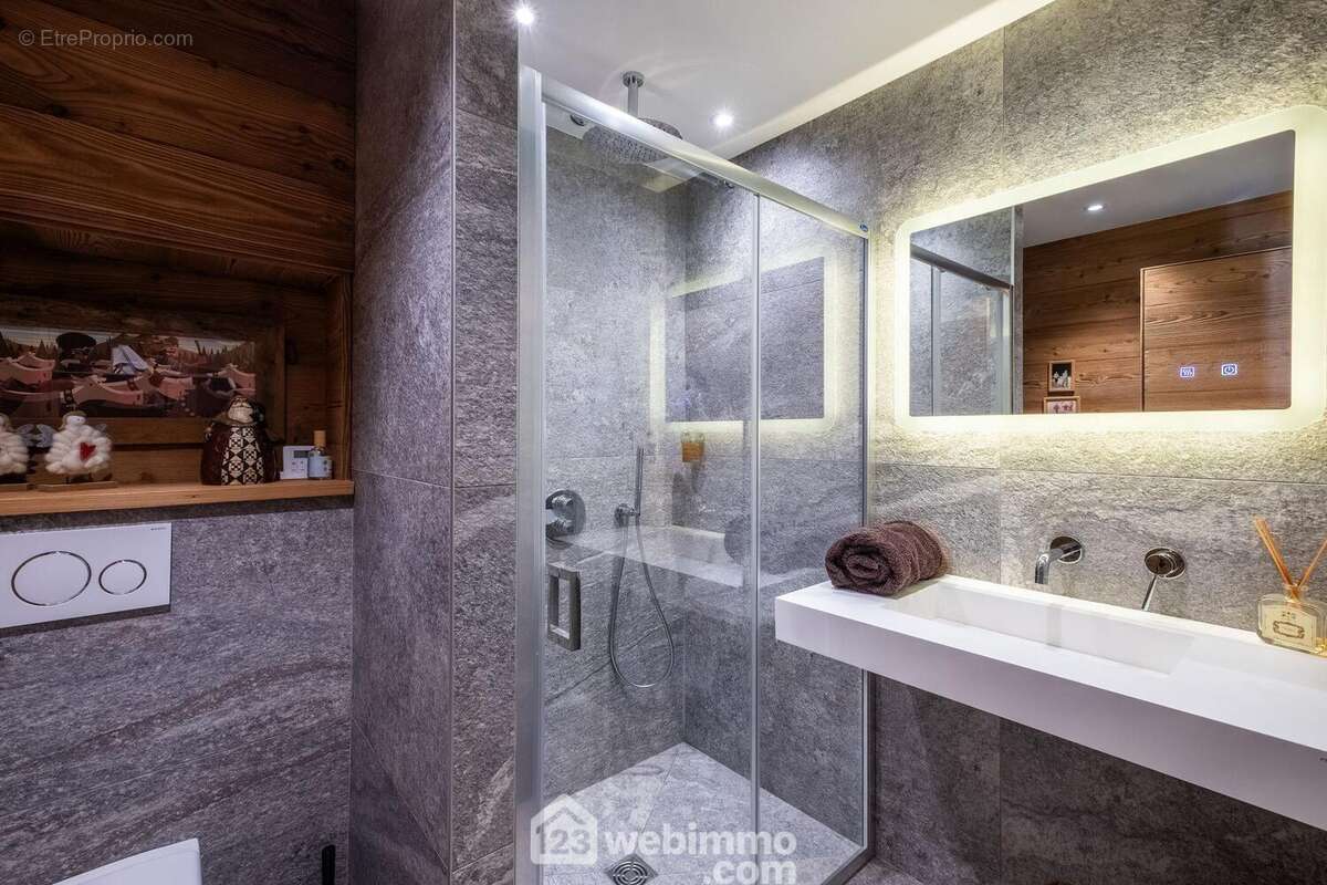 Attenante au sauna, une salle de douche avec WC pour plus de praticité. - Maison à NOTRE-DAME-DE-BELLECOMBE