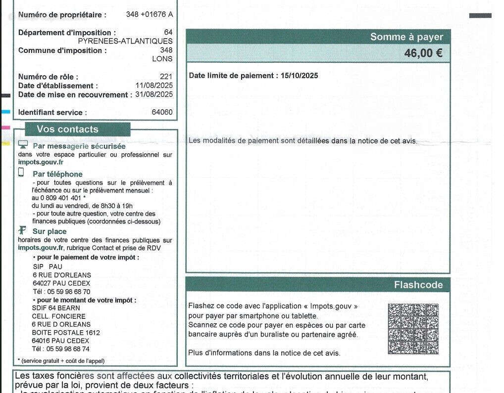Taxe Foncière 2025 - Parking à LONS