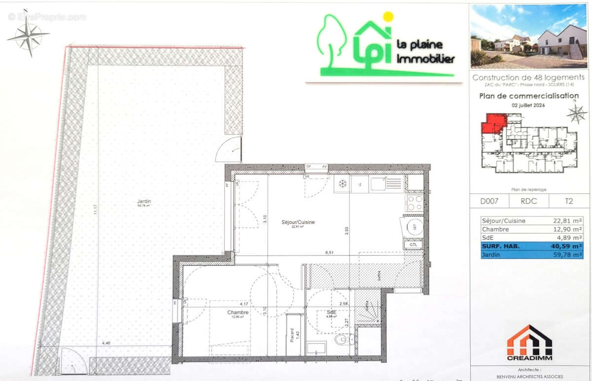 Appartement  de 2 pièces 40.60 m²  habitables, jardin privatif 60m² cave et parking - photo 2