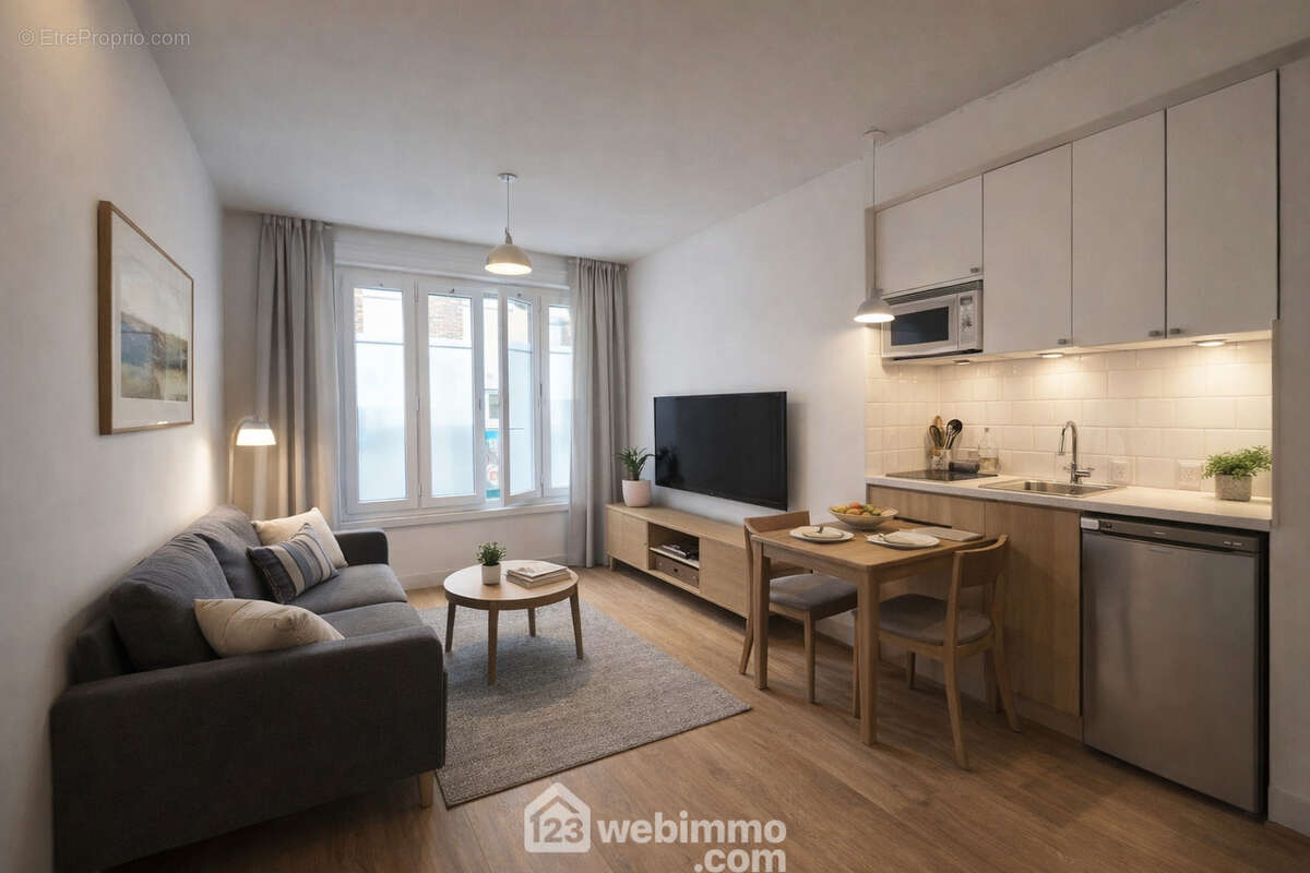 Suggestion d?aménagement permettant d?imaginer une pièce de vie moderne avec cuisine ouverte, optimisant les volumes et la lumière naturelle. - Appartement à REIMS