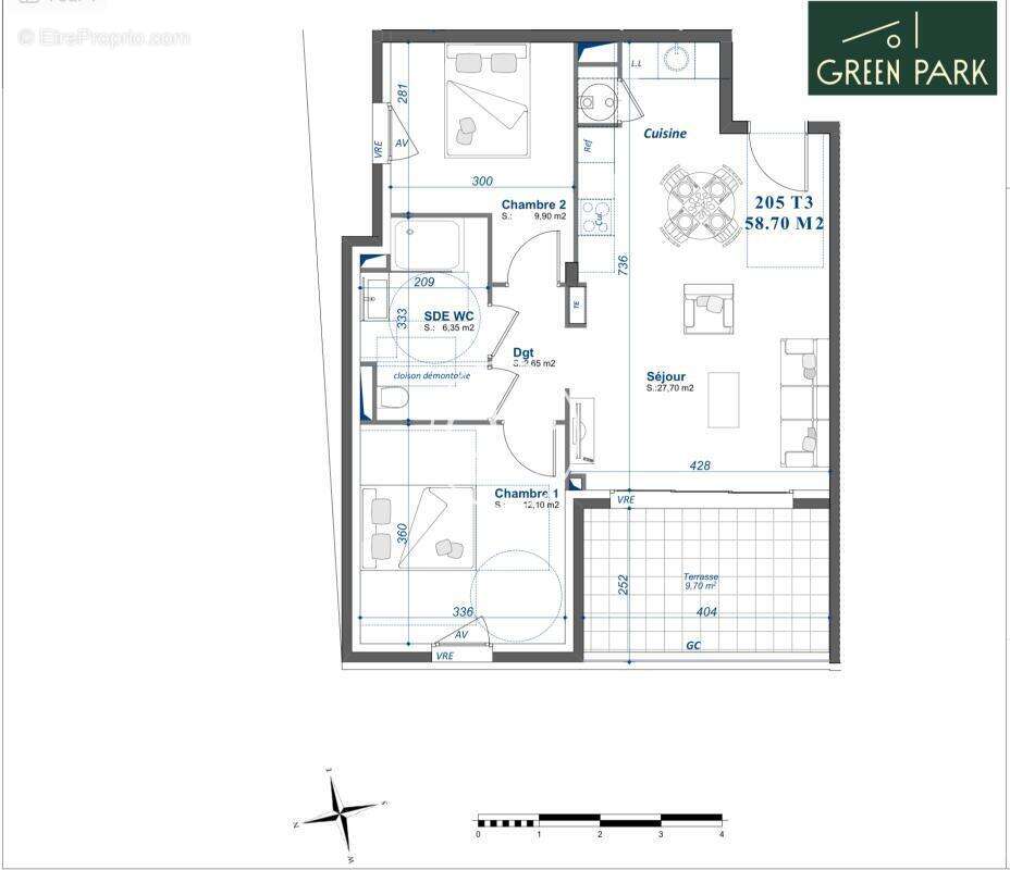 T3 58m2, terrasse 10 m2, parking - photo 4