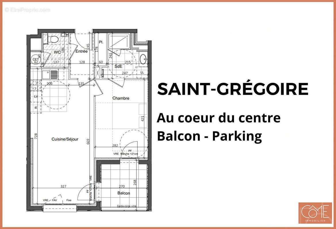 Grand type 2 47,23m² - balcon - sud- est- parking sous-sol centre-ville - saint-grégoire - photo 3