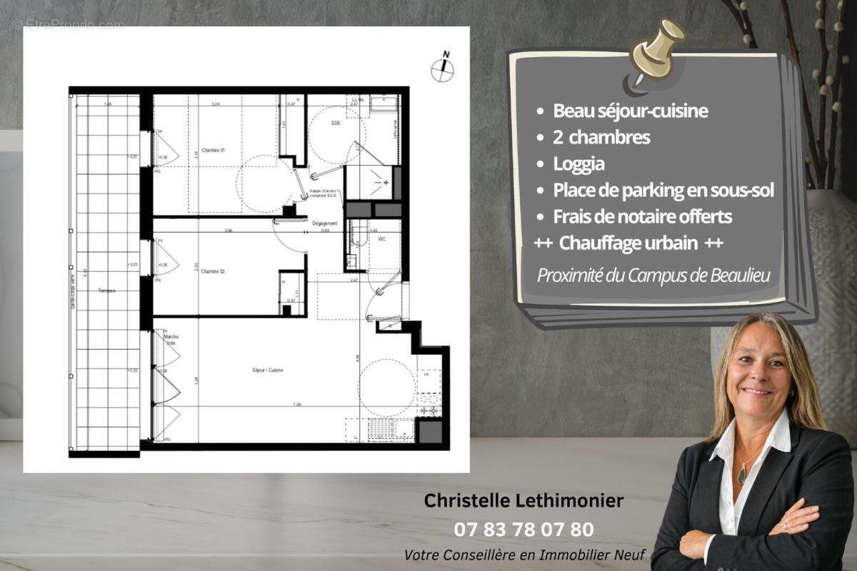 Appartement - Rennes - 3 pièces - 58.8 m2 + Parking + Loggia - Quartier Jeanne d'Arc - photo 2