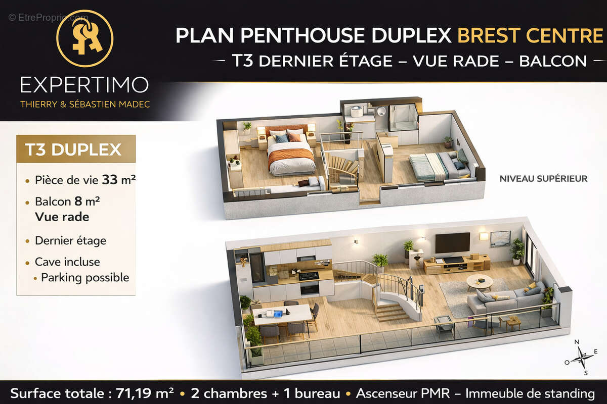 Appartement T3 dernier étage type Penthouse - Brest centre   vue rade   balcon - photo 2