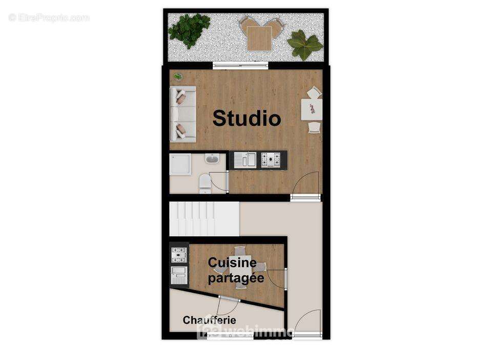 Croquis du RDC : Studio de 19.87 m2 avec courette, cuisine partagée et chaufferie.