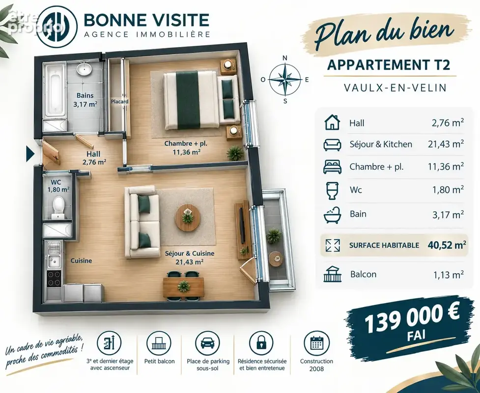 Vaulx-en-velin-village   t2 de 40 m2 avec balcon et parking en sous-sol - photo 8