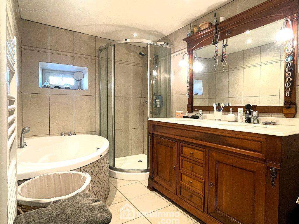 Une salle de bain avec douche et meuble double vasque, - Maison à ORCHES