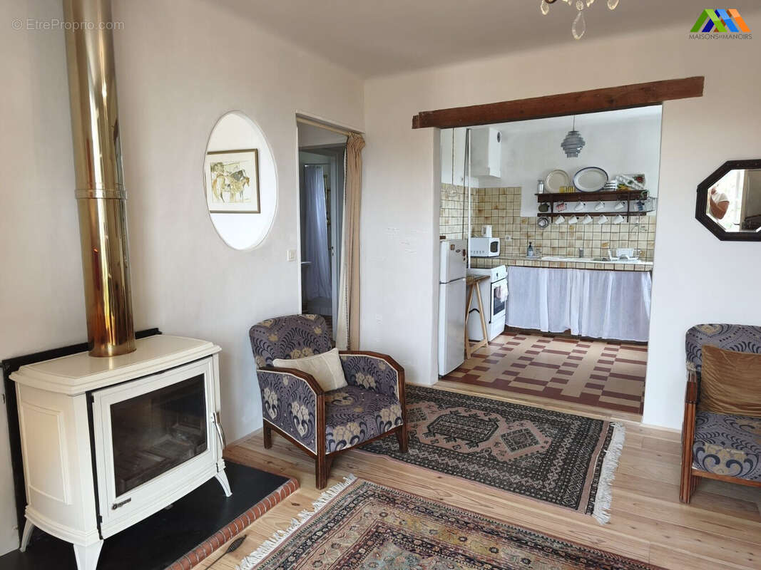 Salon chaleureux avec cheminée et espace de réception.