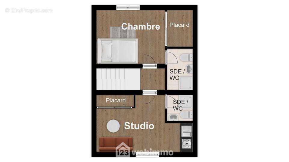 Croquis chambre de 9 m2 ET studio de 12.70 m2. Au 2ème étage.
