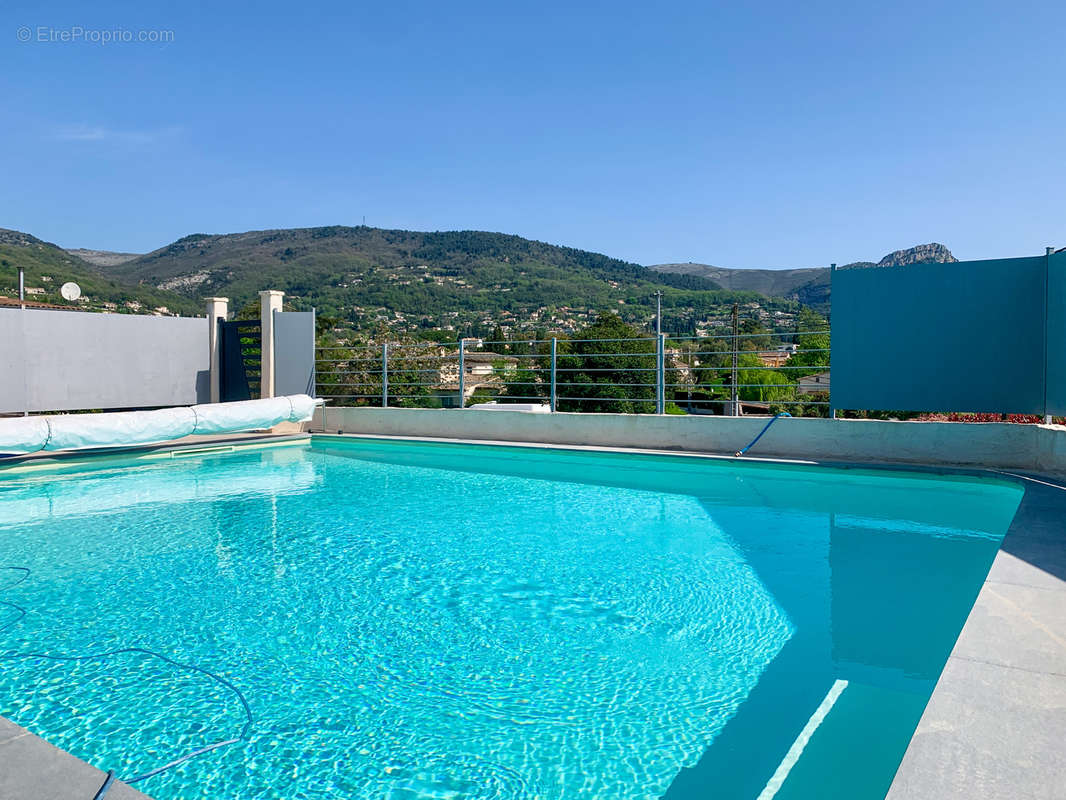 Grand espace piscine avec jacuzzi et cuisine d'été