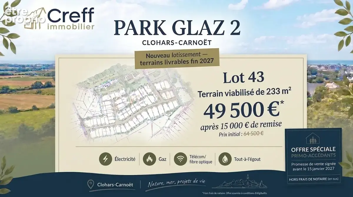 Terrain à bâtir viabilisé de 233 m2 au bourg de CLOHARS-CARNOËT - photo 1