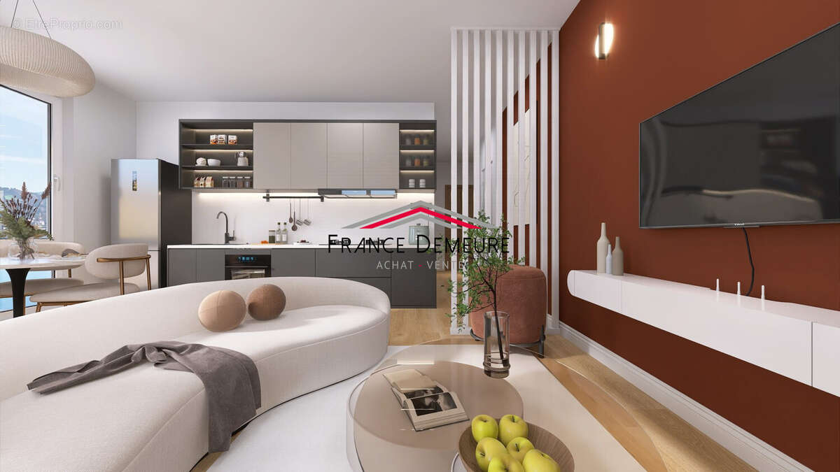 Vue du salon sur la cuisine intégrée - Appartement à CORMEILLES-EN-PARISIS