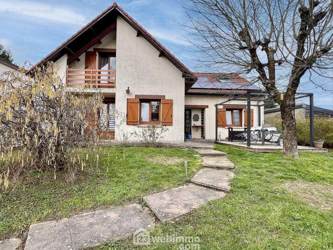 Façade avant de cette maison en retrait de la route, allée, terrain, et petite terrasse. - Maison à THIERVILLE-SUR-MEUSE
