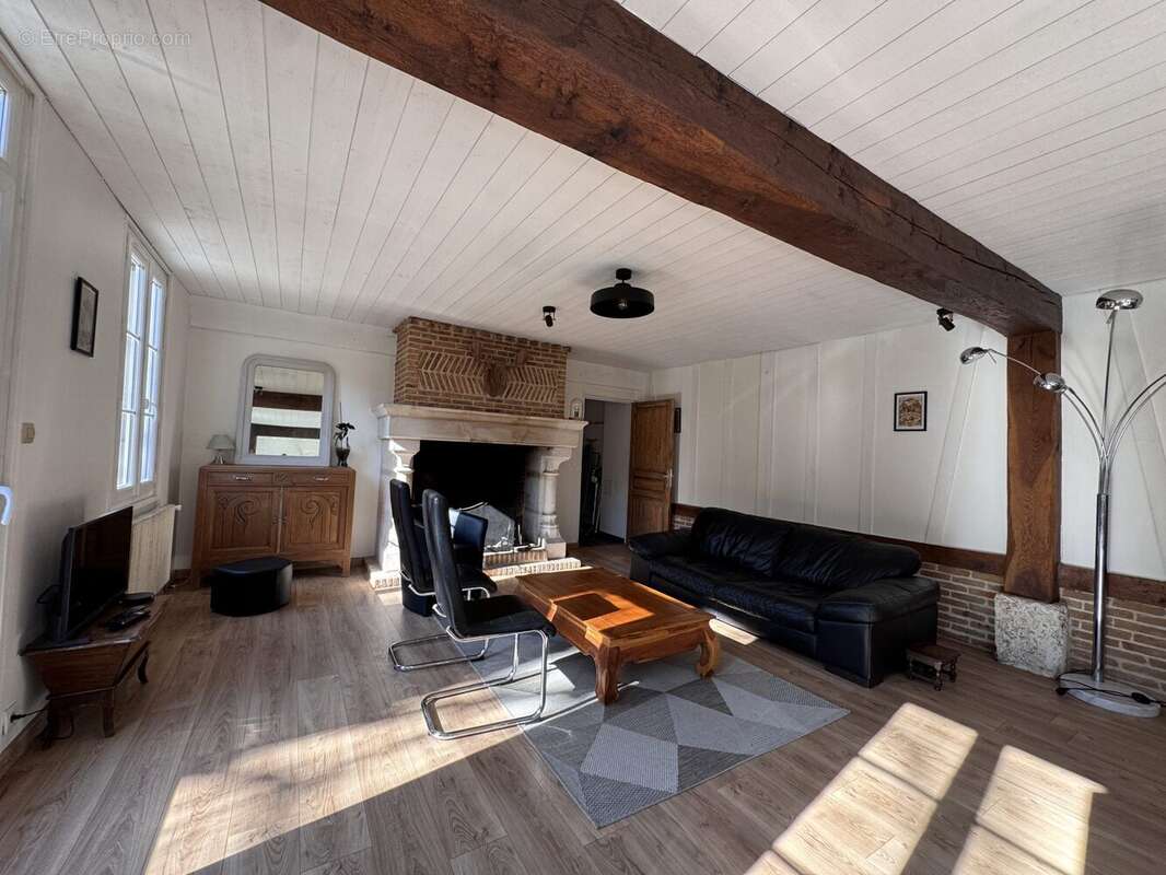 Salon séjour spacieux de 44 m² avec cheminée dans maison de caractère, pièce lumineuse idéale pour moments en famille. - Maison à CRASVILLE