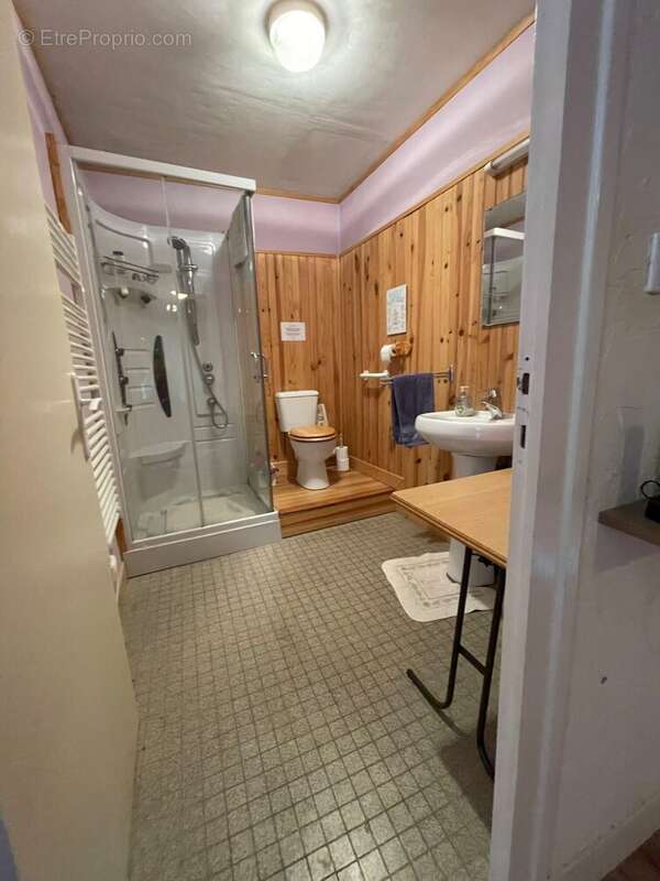 Salle de bain avec douche, lavabo et lambris bois à Pallanne - Maison à MARCIAC