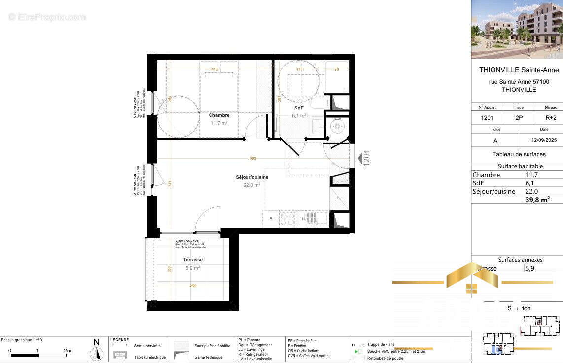 - Lot 1201  R2  39.80m² - Terrasse : 5.90m² - Prix : 167 000 - Appartement à THIONVILLE