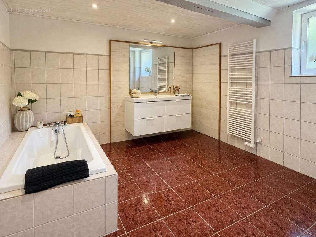 Haute pyrenees Salle de bains spacieuse et lumineuse avec baignoire, meuble vasque et sèche-serviettes. - Maison à TRIE-SUR-BAISE