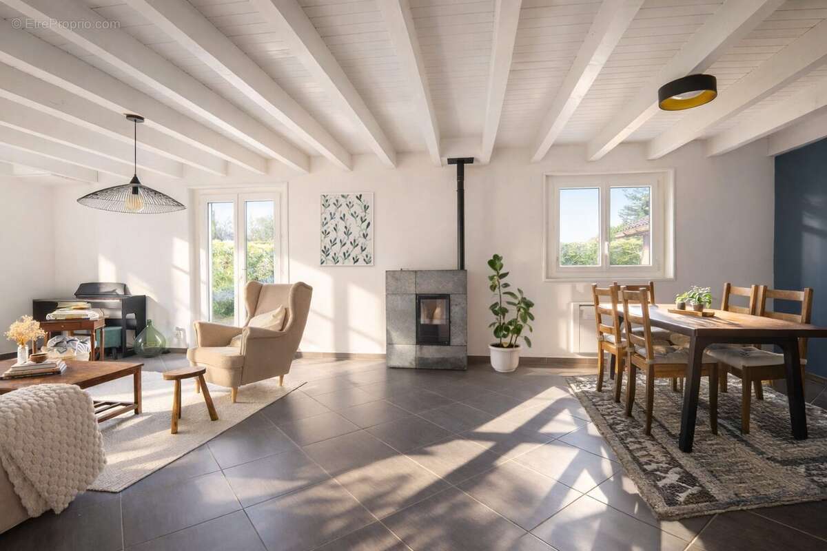 Séjour avec poêle à granulés - Maison à SAINT-PAUL-EN-CHABLAIS