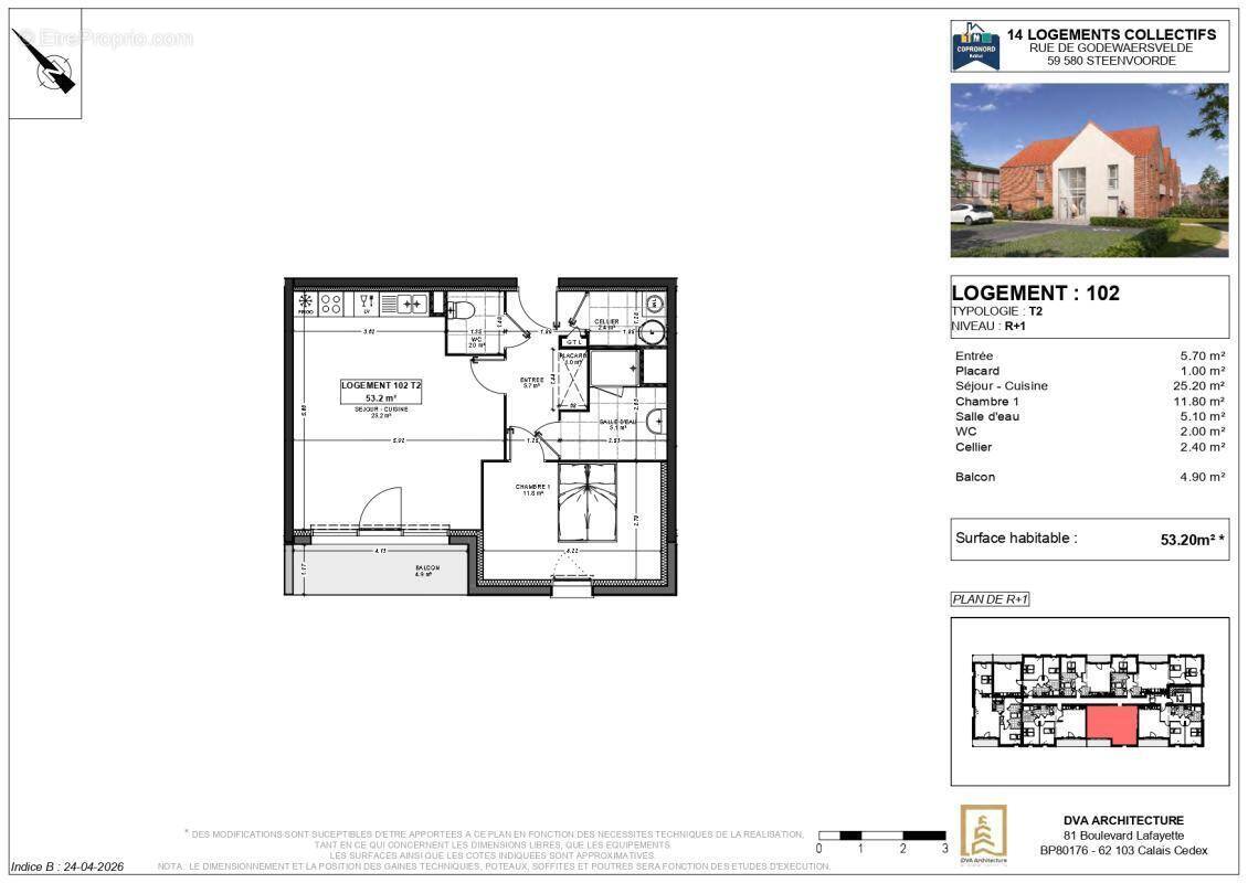 Appartement T2 Steenvoorde 53m² situé au 1er étage avec balcon exposé Sud / Ouest - photo 1