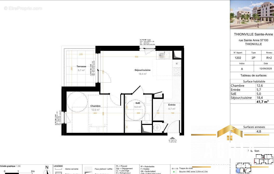 - Lot 1202  R2  41.70m² - Terrasse : 4.80m² - Prix : 162 000 - Appartement à THIONVILLE