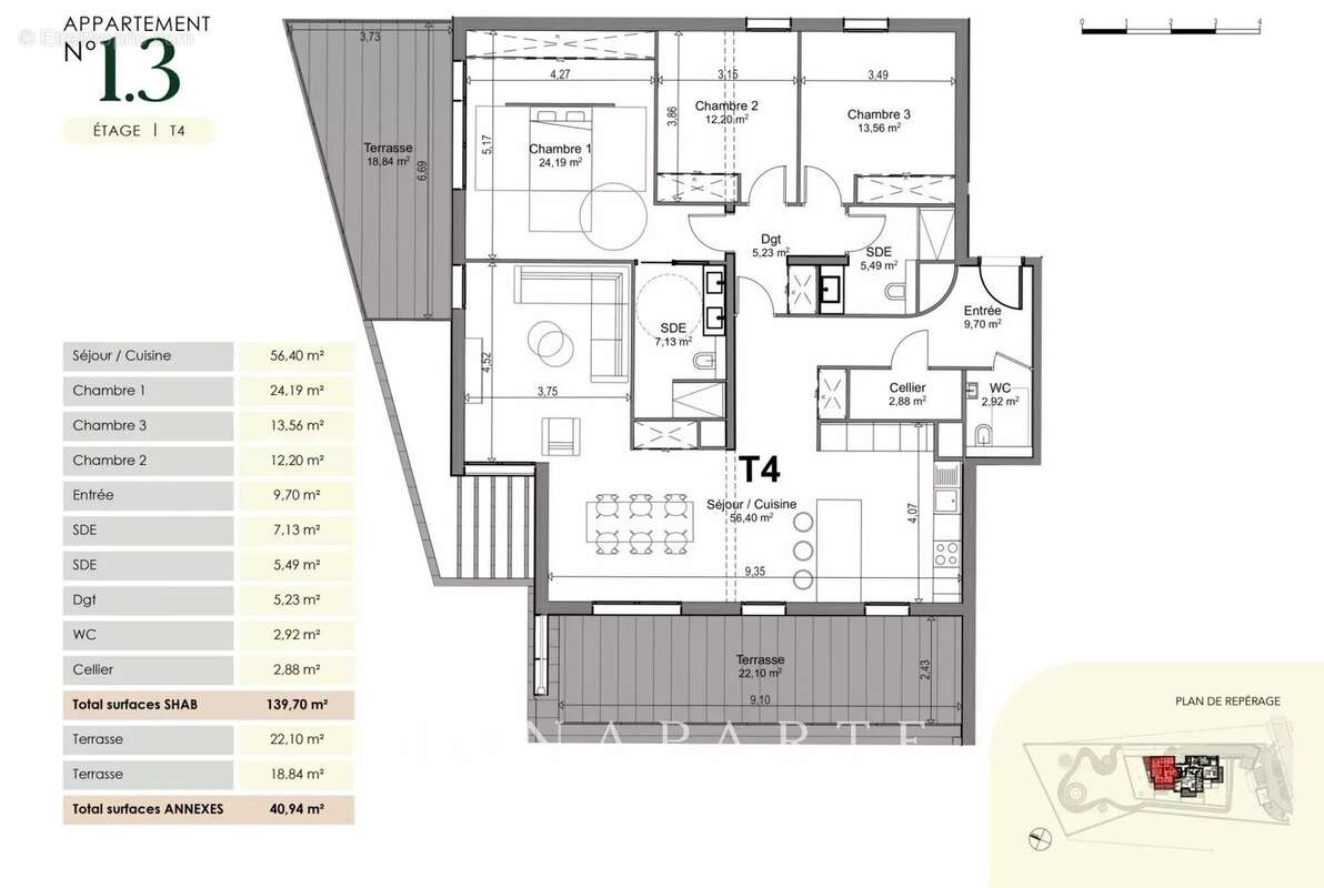 Appartement T4 luxueux de 139m² situé au 1er étage + 40m² de terrasses + garage double en sous-sol - photo 8