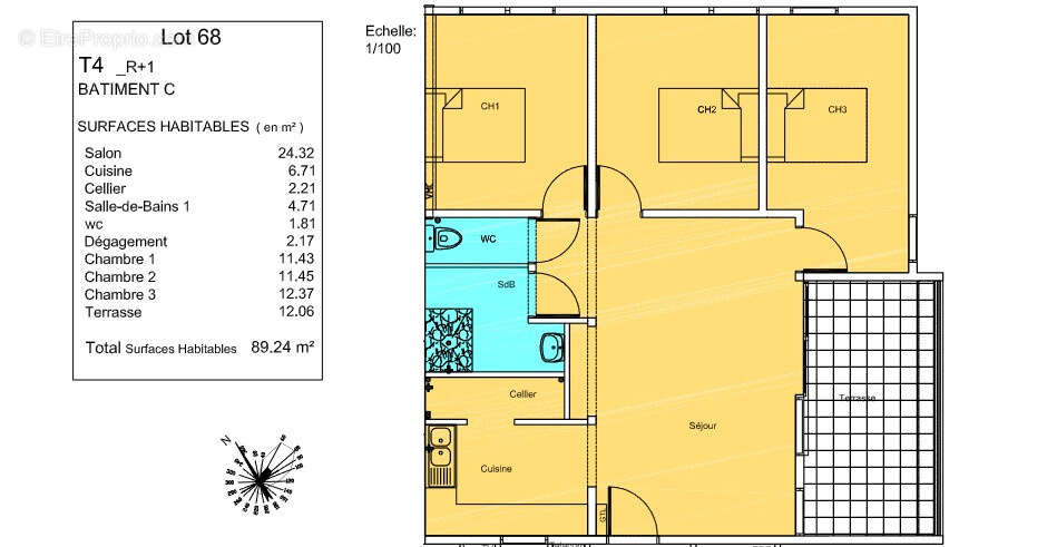 Appartement T4 Superficie  77 m2 avec 12.06 m2 de Terrasse Résidence sécurisée avec piscine - photo 3
