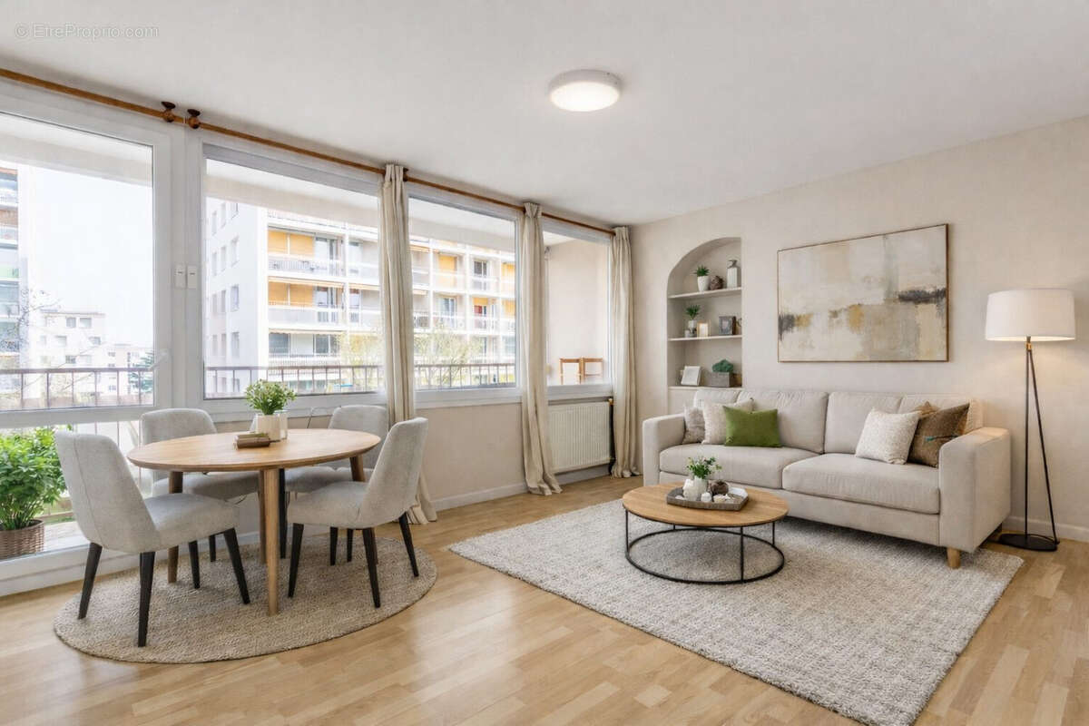 Séjour lumineux appartement T4 75m2 Oullins avec accès balcon  projection d'aménagement en homestaging virtuel non contractuel - Appartement à OULLINS