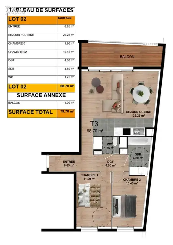 Donville les bains appartement t3 68m² vue mer - photo 3