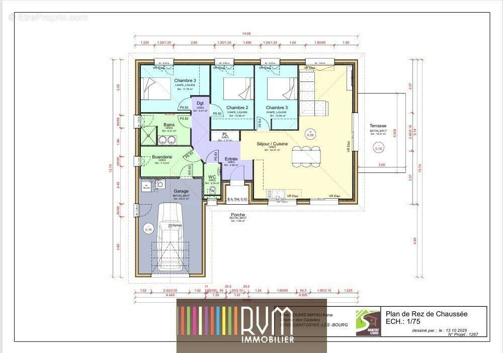 - A titre indicatif / Libre constructeur - Plan intérieur réalisé par l'un de nos partenaires constructeur Habitat Libre - Terrain à SAINT-DENIS-LES-BOURG