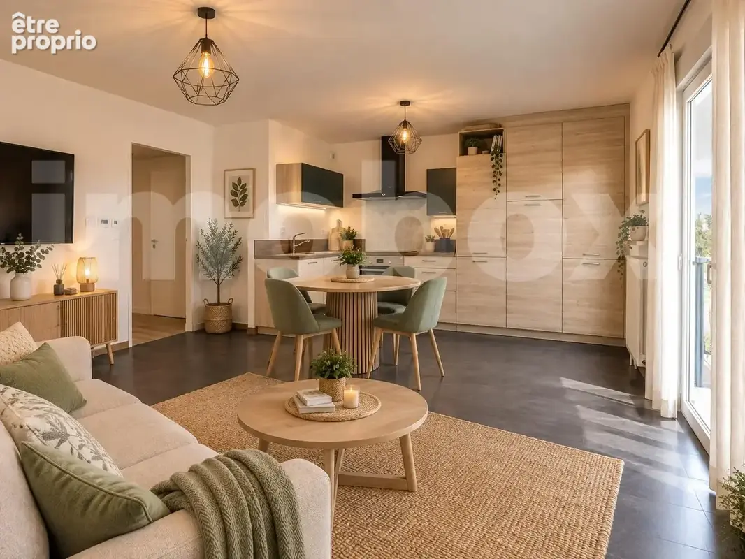 Salon scandinave chaleureux avec cuisine ouverte - Appartement à SAINT-GEREON