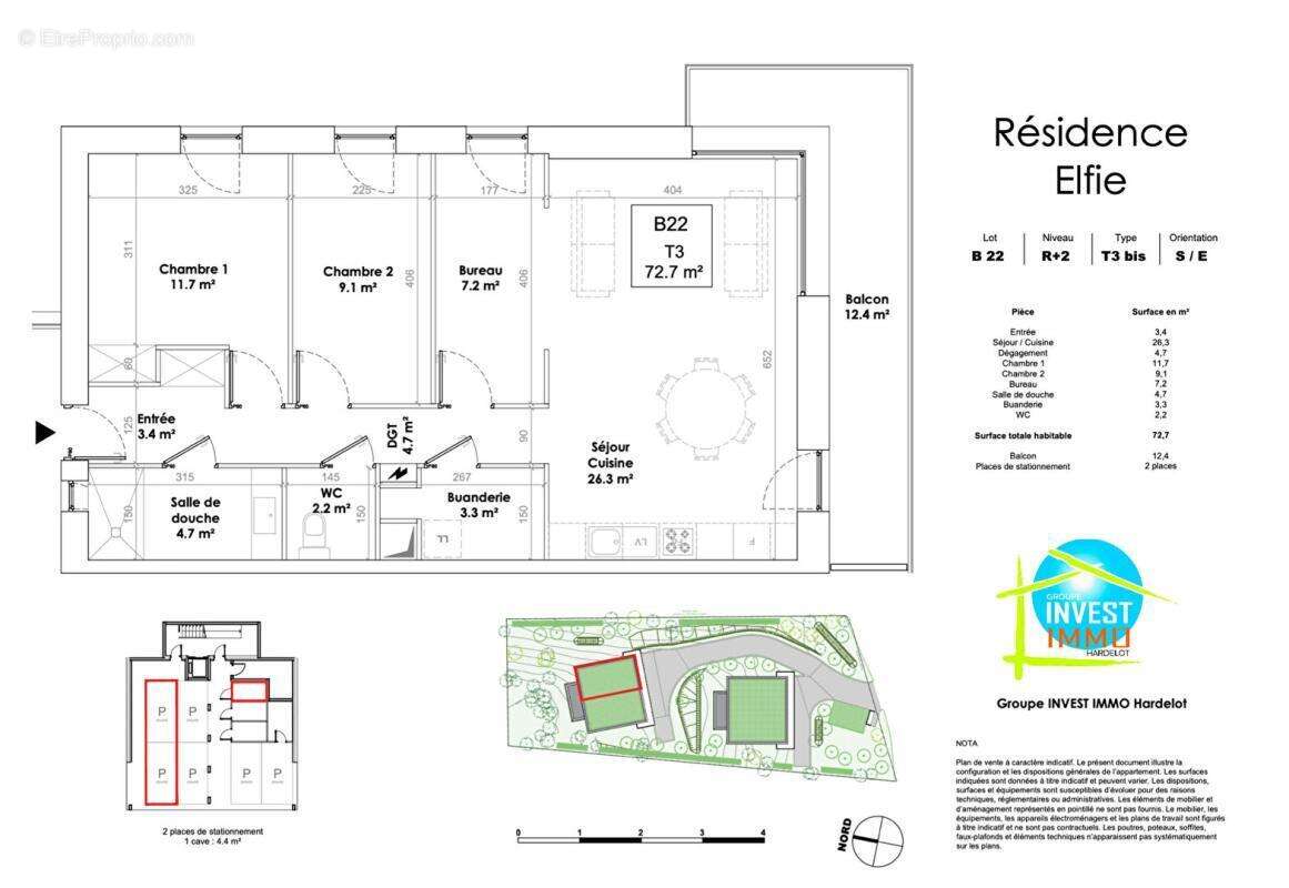 73 m2 - 2ème étage ascenseur -  2 chambres + 1 bureau & 2 parkings couverts - photo 4