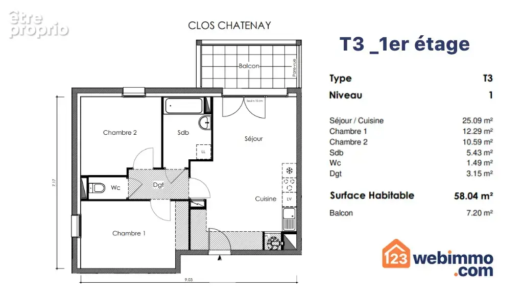 Plan d'un appartement T3 niveau 1
