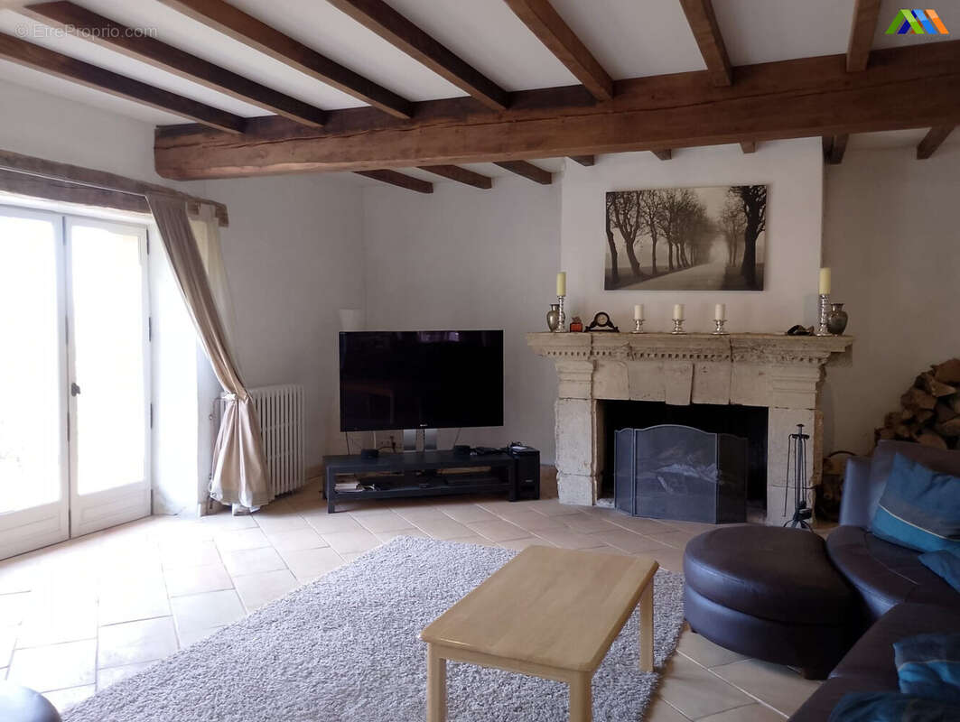 Salon chaleureux avec poutres apparentes, cheminée en pierre et accès direct au jardin.