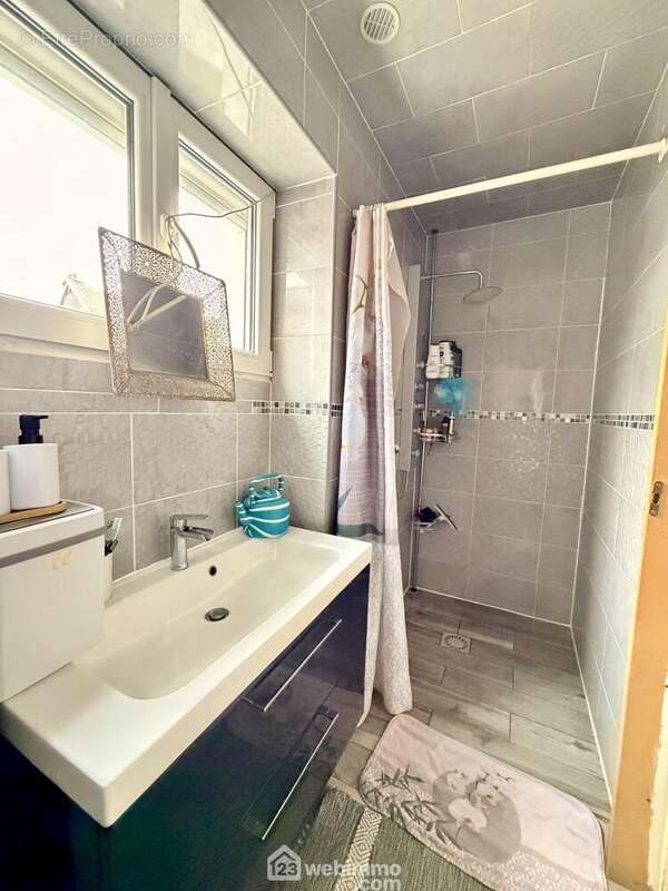 Une salle de bain équipée d?une douche, vasque avec miroir et WC, aménagée de façon pratique pour le confort de toute la famille - Maison à VERSIGNY