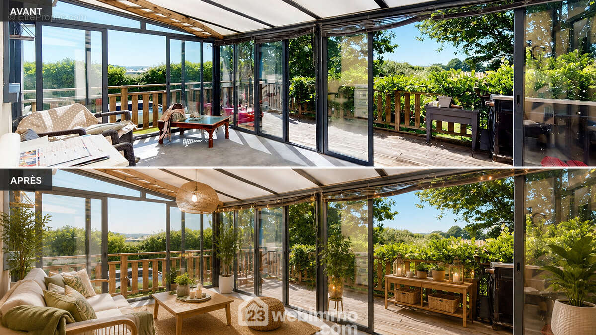 Véranda baignée de lumière, ouverte sur une terrasse avec vue dégagée sur un jardin arboré et mature, agrémenté de palmiers et d?une agréable piscine hors-sol. - Maison à LES EPESSES