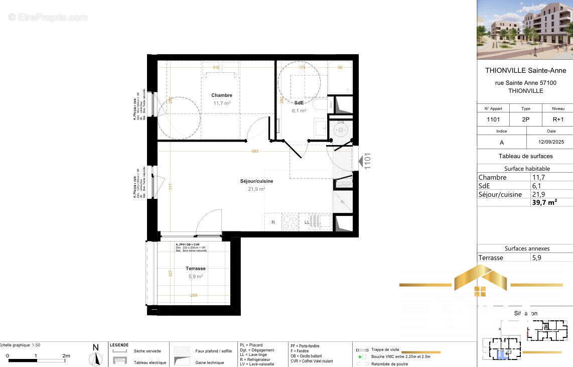 - Lot 1101  R1  39.70m² - Terrasse : 5.90m² - Prix : 160 000 - Appartement à THIONVILLE