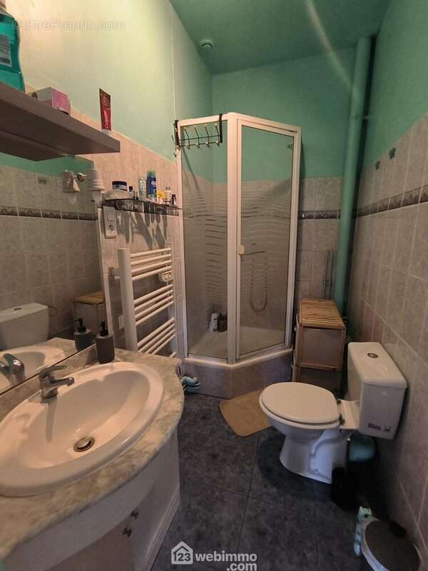 La salle d'eau avec vasque sur meuble, douche, radiateur sèche serviettes et WC