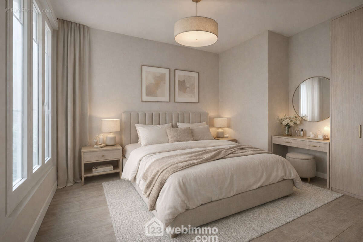 Mise en situation permettant d?imaginer une chambre confortable et harmonieuse, avec un aménagement optimisé et une atmosphère douce. - Appartement à REIMS