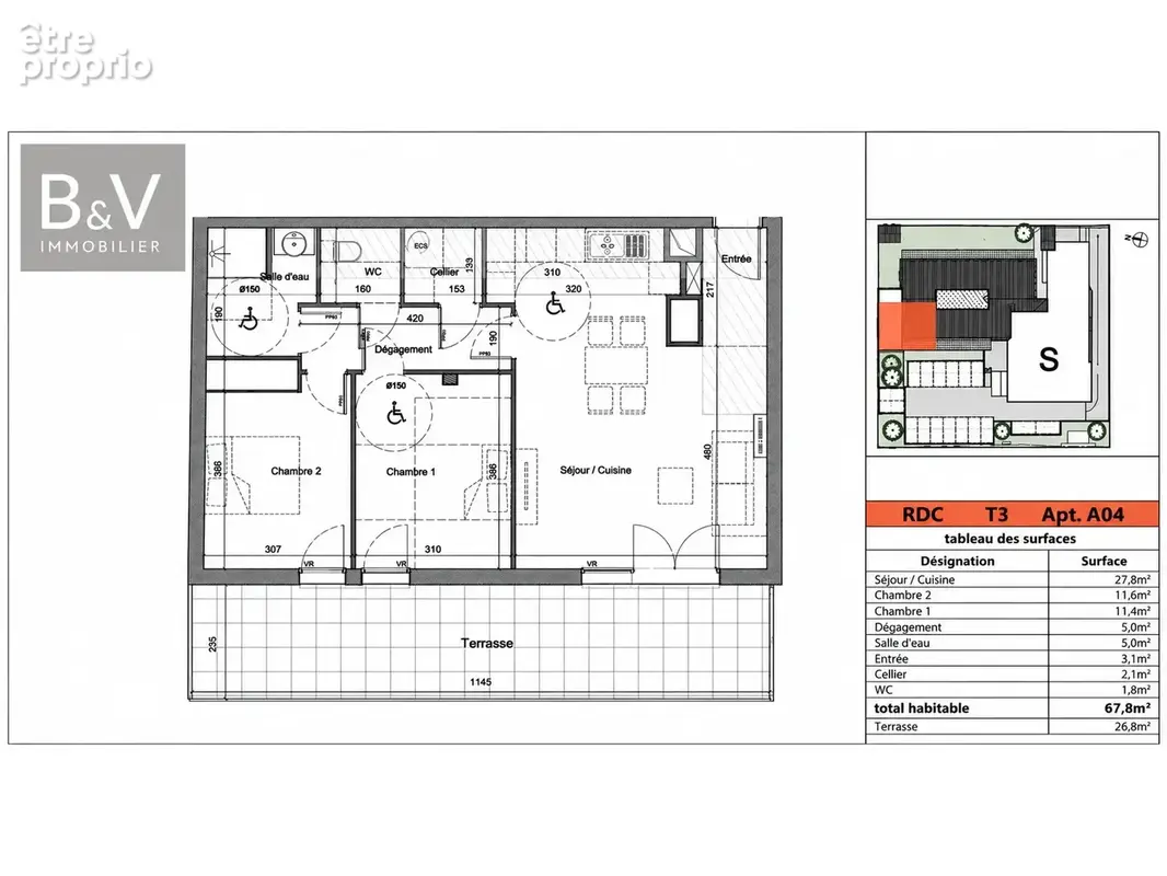 T3 de 68 m² avec terrasse de 27 m² et 2 parkings - photo 2
