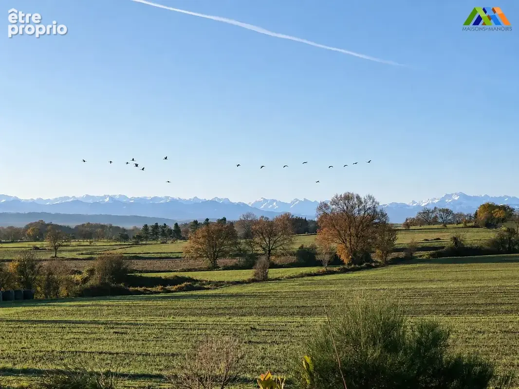 Vue panoramique sur la campagne et la chaîne des Pyrénées.