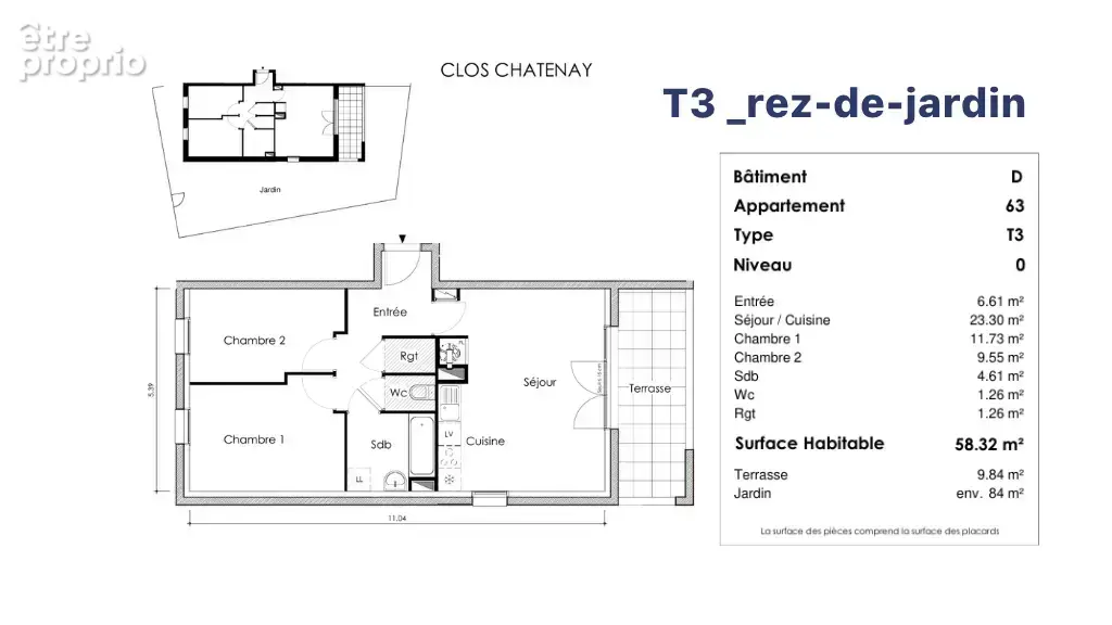 Plan d'un T3 avec terrasse et jardin jardin privatif