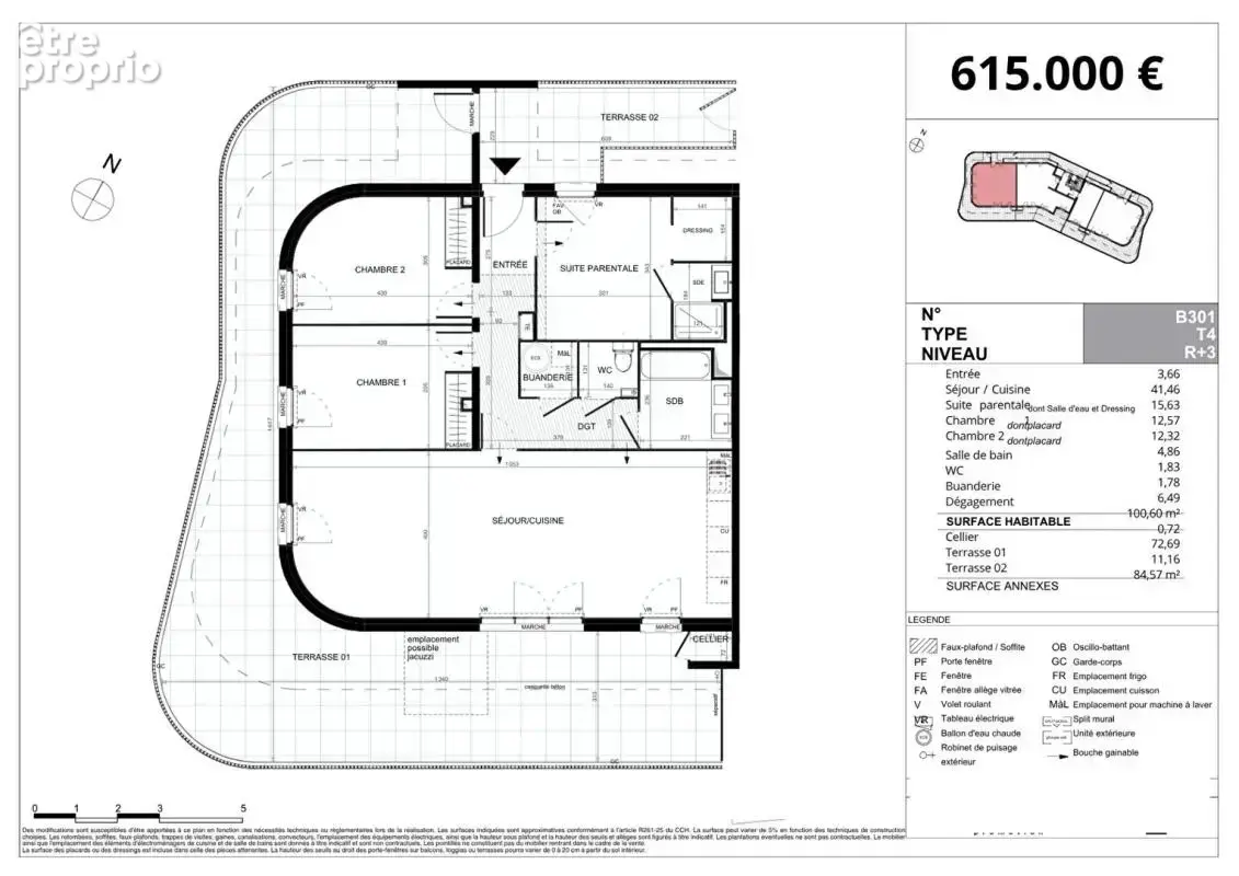 Appartement  traversant  4 pièce(s) 100.60 m2 - photo 2
