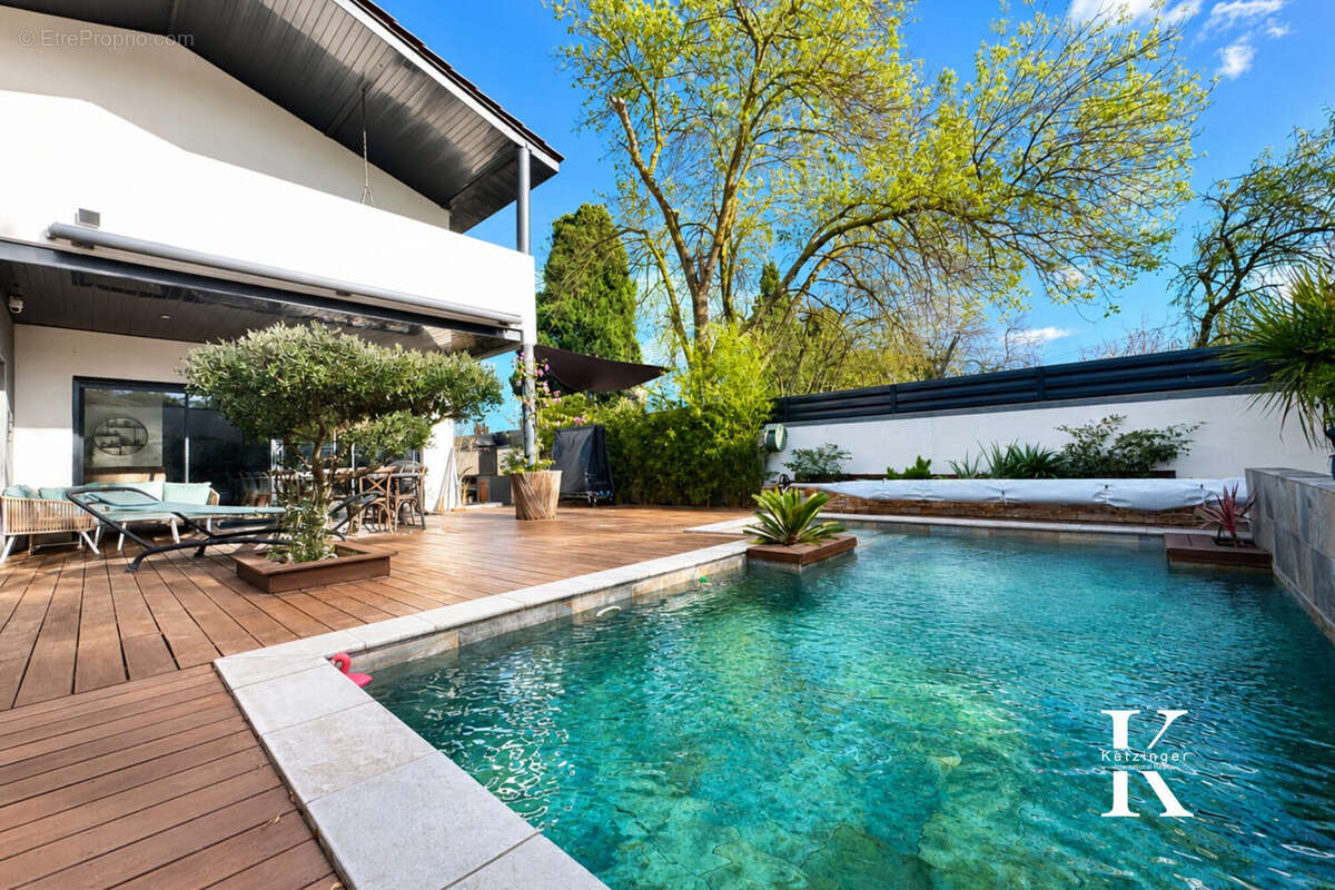 Terrasse moderne avec piscine et plantes - Maison à VILLENEUVE-LES-MAGUELONE