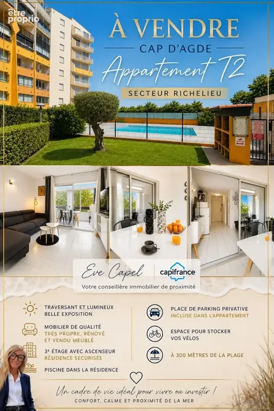 Appartement à vendre 2 pièces LE CAP D'AGDE (34), appartement avec 1 chambre, loggia fermée, avec parking privatif, ascenseur et - photo 2