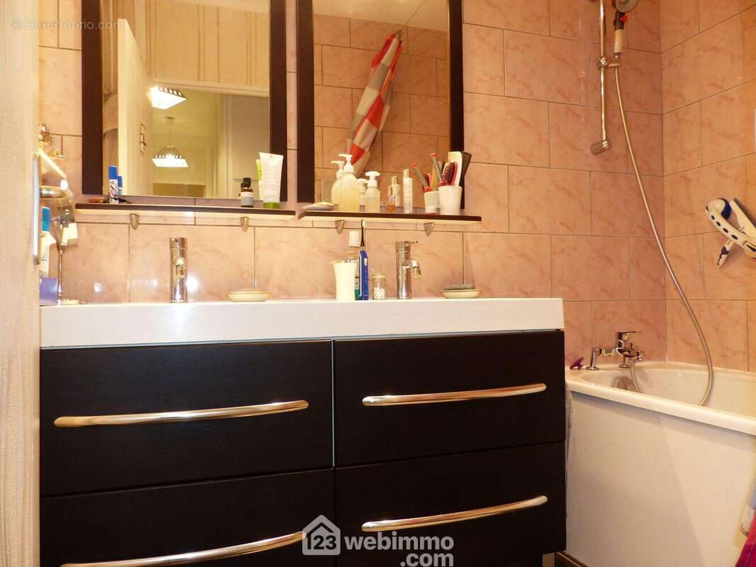 La salle de bain et à proximité le coin buanderie et wc. - Appartement à BIHOREL