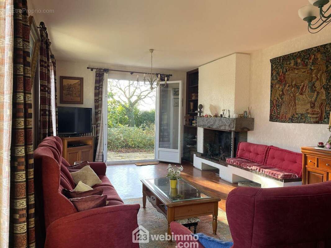 Le salon et sa cheminée à foyer ouvert