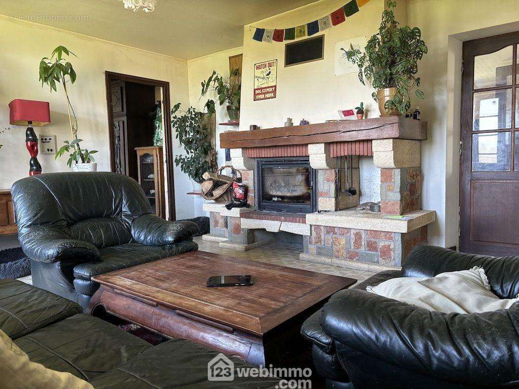 D&#039;un côté, l&#039;espace salon de 23 m2 avec cheminée insert, - Maison à LA PUYE