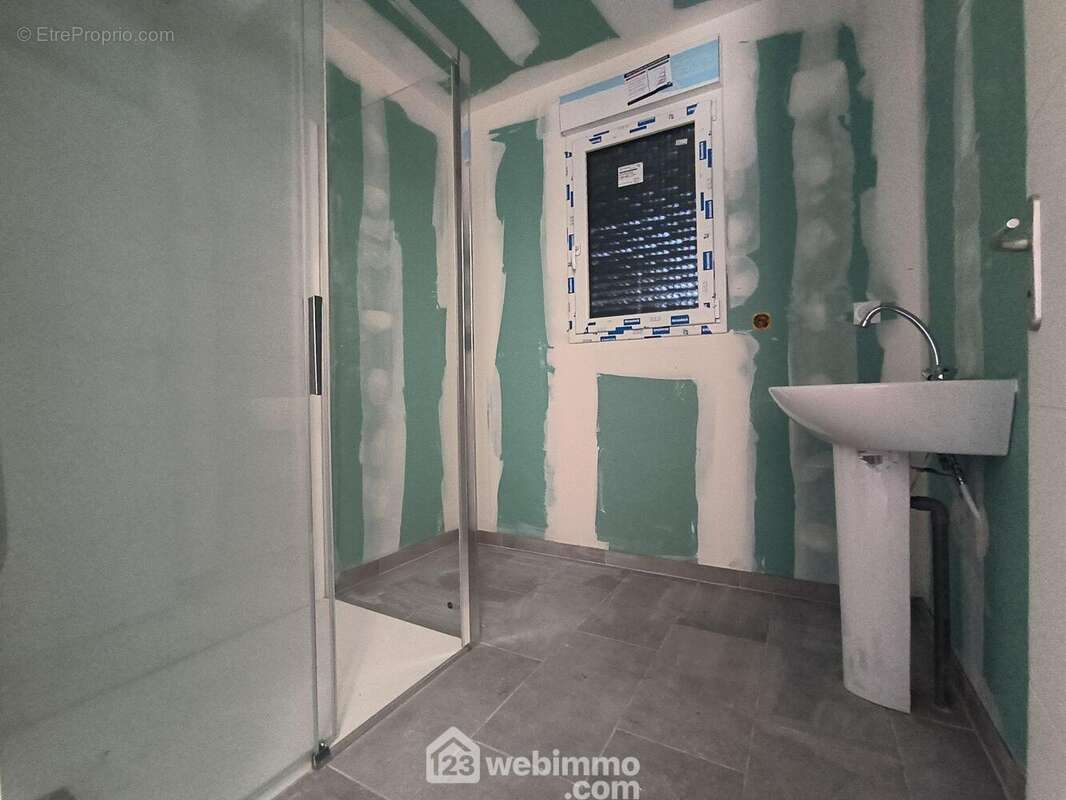 Une salle d&#039;eau avec douche et lavabo - Maison à PARGNY-FILAIN